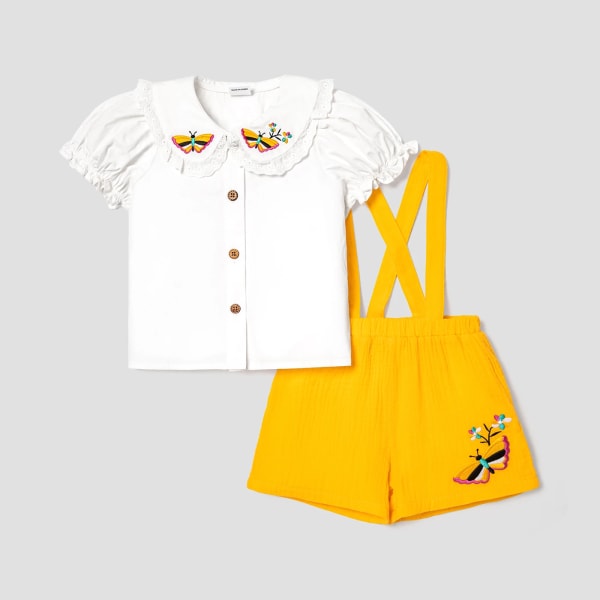 2st Baby Girl 100% bomull Blommor broderad volangkrage Puff-ärm topp och solid Crepe Suspender Shorts Set Yellow 12-18Months