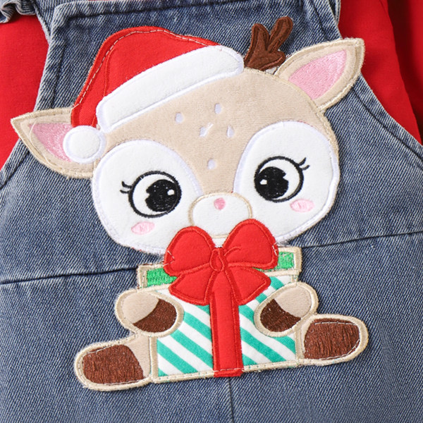 Christmas Deer Jeans Denim Set för Baby Girl med volangkant Red 3-6Months