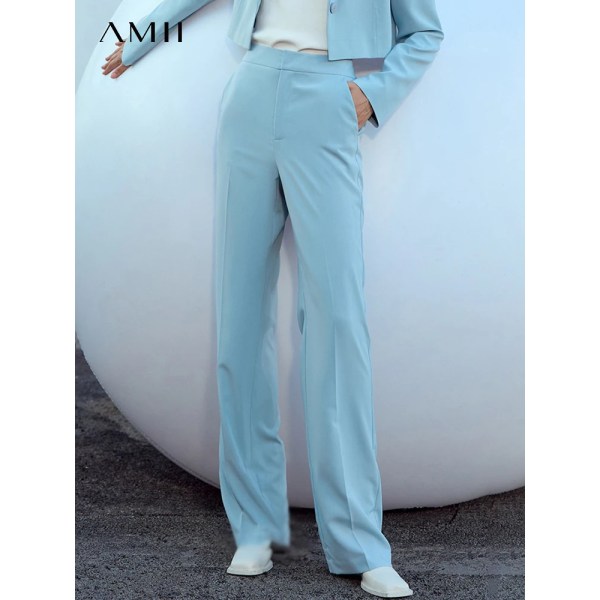 Minimalistisk kostym Casual för kvinnor 2023 Höst Nya Lös Dra Straight Simple Basics Pendlar Dambyxor 12343370 light grayish blue L