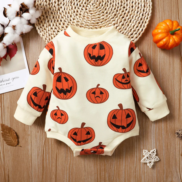 Halloween Baby Boy/Girl Allover Pumpa Print Långärmad Romper Beige 0-3Months