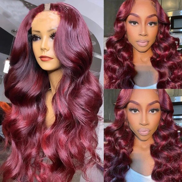 Burgundy Wine 99J Red Glueless Body Wave V Del 100% Människohår För Kvinnor U-form Peruk 30 tum Lös vågig hel maskintillverkad peruk 130density 10inches