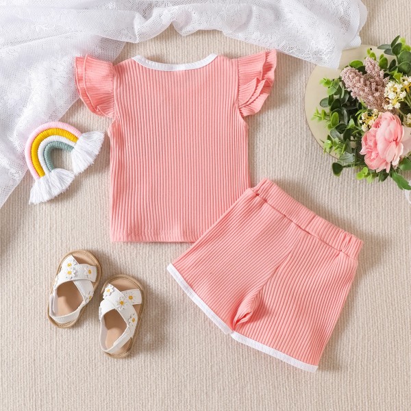 2st Baby Girl 95 % bomull Ribbad volangärm T-shirt och rosett fram shorts Set Pink 18-24Months