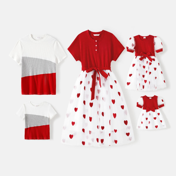 Familjematchande kortärmade bomullsribbad färgblock T-shirts och allover Heart Broderade Mesh Splitsade Klänningar Set Red Women S