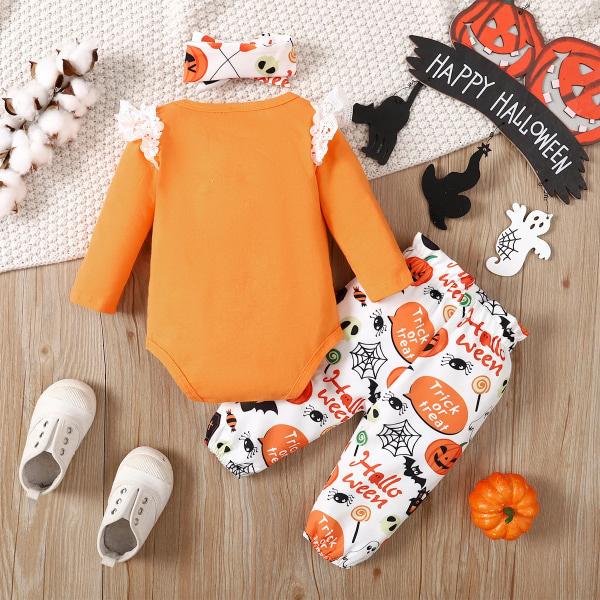 Halloween 3st Baby Girl 95 % bomull Långärmad grafisk spetsdetalj Byxor med print med set Orange 12-18Months