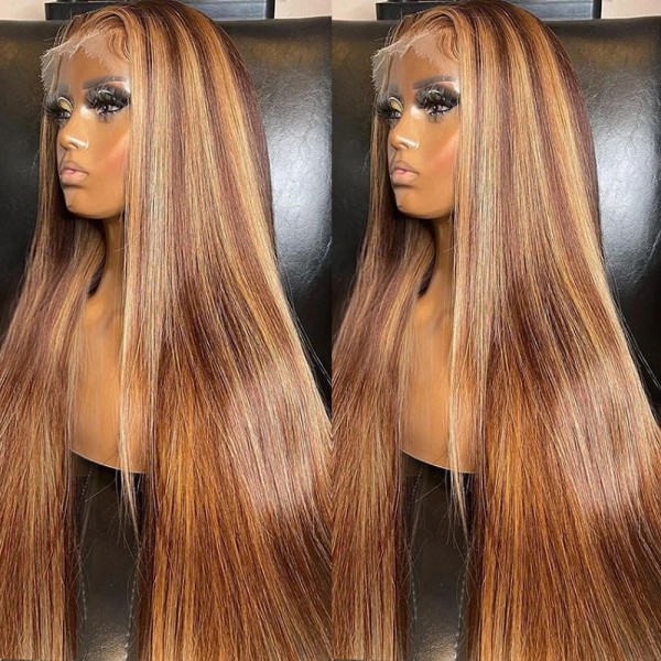 13x4 Highlight Peruk Spets Frontal Människohår Peruker Honung Blond Brasiliansk Rak 4x4 Spetsförslutning Peruk Remy Hår Peruker För kvinnor 10inches 13x6x1 T Part Wig