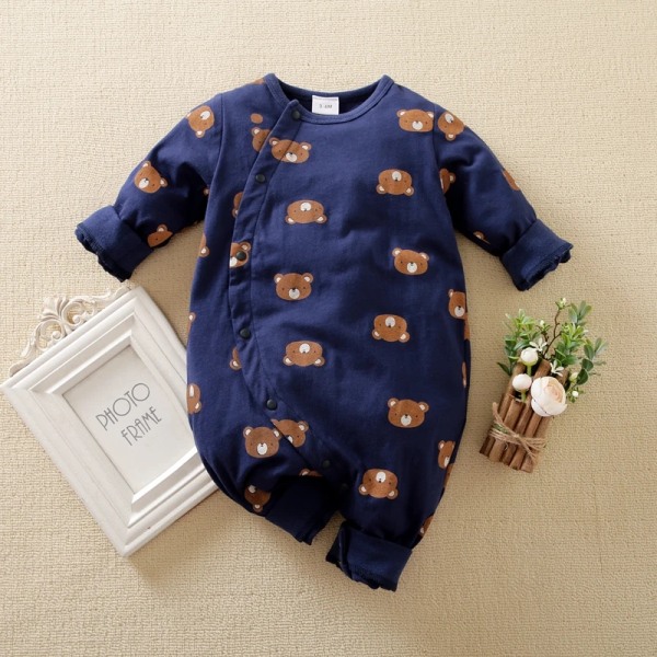 100 % bomull Bear Allover Långärmad Baby Jumpsuit DarkBlue 9-12Months