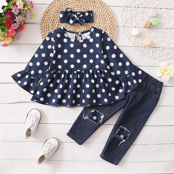 3st Baby All Over Polka Dots Navy Ruffle Bell Sleeve Top och bomull Ripped Jeans Set Navy 9-12Months