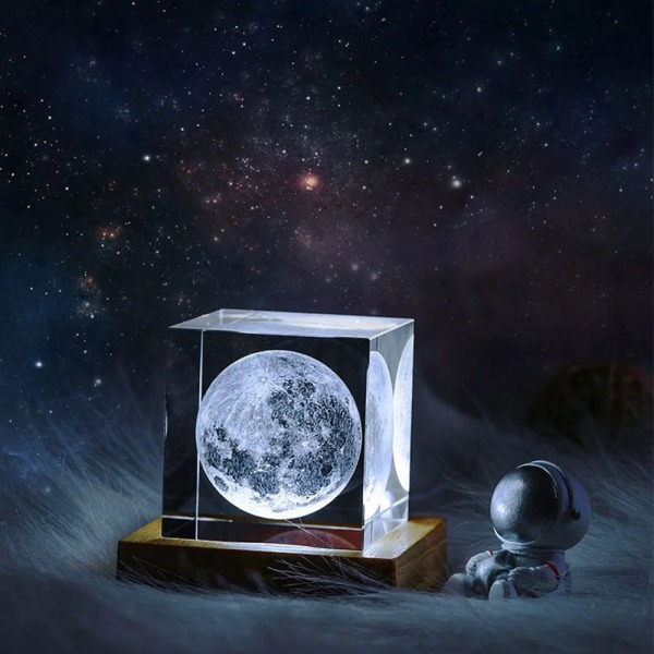 3D Moon Solar Galaxy System Modell Paperweight Laser Etsed Kristall Glas Cube LED Nattljus Skrivbordsrum Inredning Kreativa presenter Saturn with LED Base 6x6x6cm