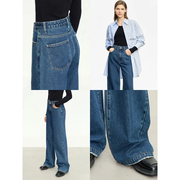 Minimalism Hong Kong Style Dam Jeans 2023 Höst Nya Retro Byxor med vida ben Tvättad bomull Raka byxor 12343162 blue L