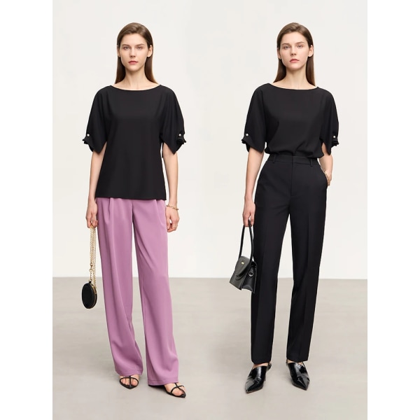 Minimalism Mode Kvinna Blus 2023 Sommar Ny Solid Lös Slash Neck Kvinnlig Chiffong Pullovers Skjortor & blusar 12342611 black L