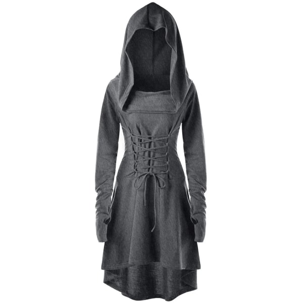 Gothic Witch Elven Mini Tail Dress Dam Långärmad Huva Halloween Kostym Nienna Spetsrock Hög Lågskuren Tunika Plus Size Grey XXXL