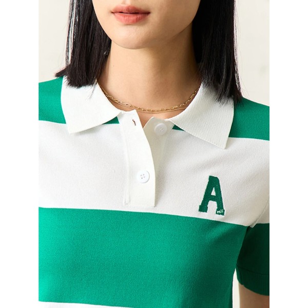 Minimalism Polo Neck Casual Cardigan för kvinnor Kontrast bredrandig kortärmad turndown krage stickade tröjor 12322087 green white L