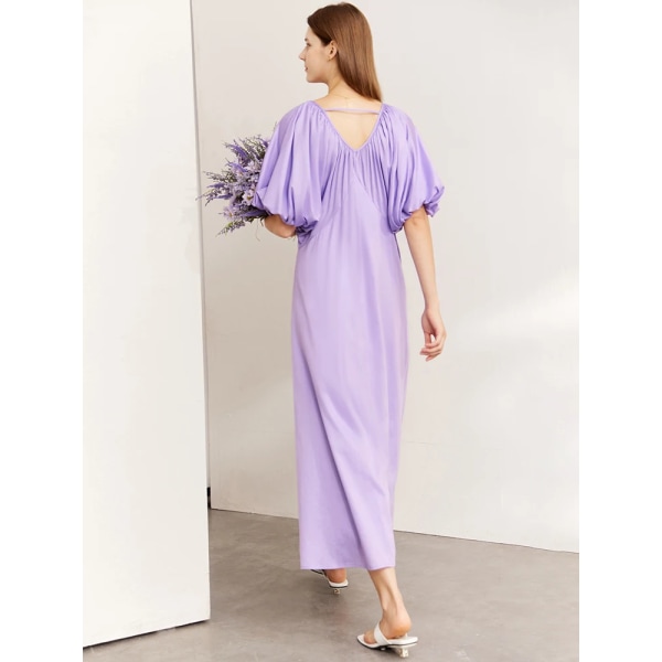 Minimalistiska långa klänningar för kvinnor 2022 Sommar Nya 100 % fransk stil Puffärm V-ringad Solid Elegant Lös Vestido 12240432 Lilac Purple L