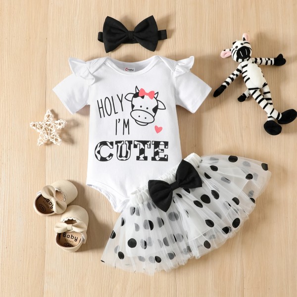 3st Baby Girl 95 % bomull volanger Kortärmad Bokstavs- och print och mesh nätkjol & set White 12-18Months