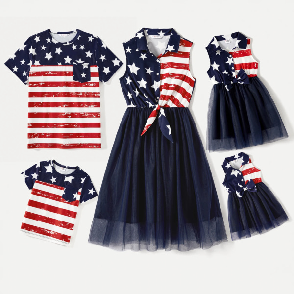 Independence Day Family Matchande stjärnor och randigt print Splitsade mesh tankklänningar och kortärmade t-shirts ColorBlock WomenS
