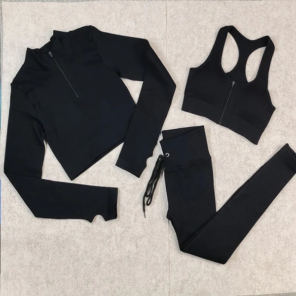 2/3 delar sömlös set Fitness för kvinnor Träning Sportkläder Sportkläder för kvinna Dragkedja Långärmad topp Gymkläder 3Pcs Black Set L (62-75KG)