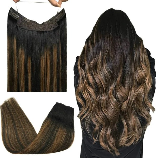 Raka hårförlängningar Osynlig fisklinje Människohårförlängning Pannband Naturlig gömd hemlig tråd One Piece Remy Hair P18-613 14 inch 70g