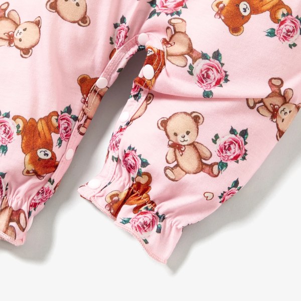 2st Baby Girl Faux-två Långärmad Allover print björntryck Rosa rosett Front Ruffle Trim Jumpsuit med Pannband Set Pink 6-9Months