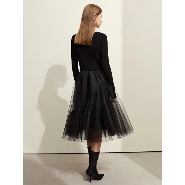 Minimalistisk Damklänning 2023 Vinter Ny Fransk Vintage Fyrkantig Krage Patchwork Mesh Falsk Två A-Line Vestidos Kvinna 12324040 Black S