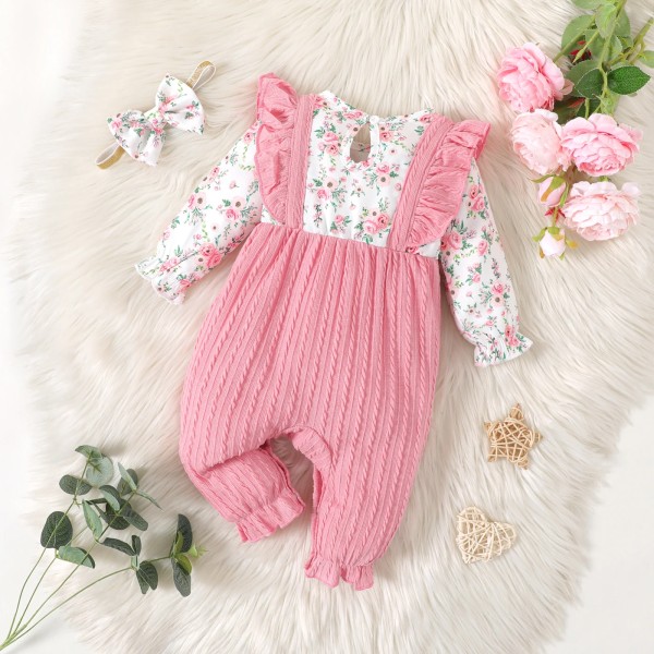 2st Baby Girl Långärmad volangstreck rosett fram blommönster print skarvad jumpsuit & set Pink 0-3 Months