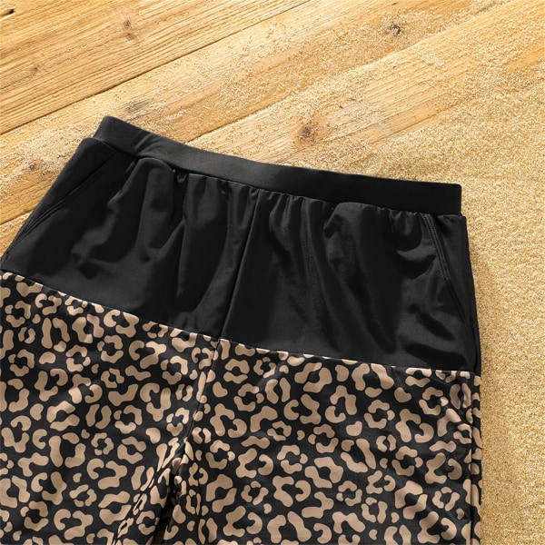 Familjematchande leopardskarv svarta badbyxor shorts och en axel självknytande baddräkt i ett stycke Black Girl 3-4 Years