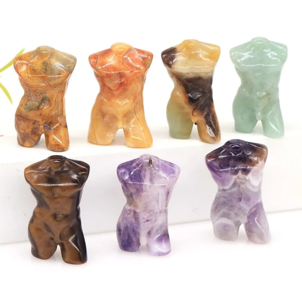 1,3" manlig modell Halvkroppsstaty Naturlig ametist Kristall Healing Stone Carving Minifigurer Heminredning Hantverk Sexiga kärlekspresenter Amazonite 5pcs