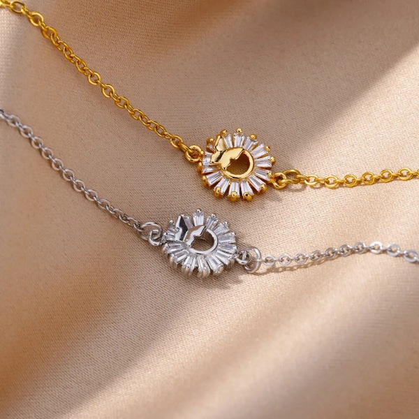 Kristallsolrosarmband för kvinnor män guldfärg rostfritt stålarmband lyx bröllopsfest smyckengåvor 19cm Silver Color