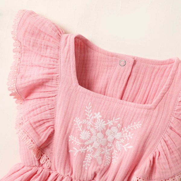 Baby Girl 100% bomull Crepe broderad volang ärmlös klänning Pink 6-9Months