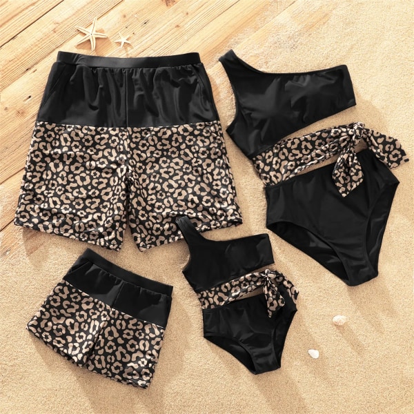 Familjematchande leopardskarv svarta badbyxor shorts och en axel självknytande baddräkt i ett stycke Black Girl 4-5 Years