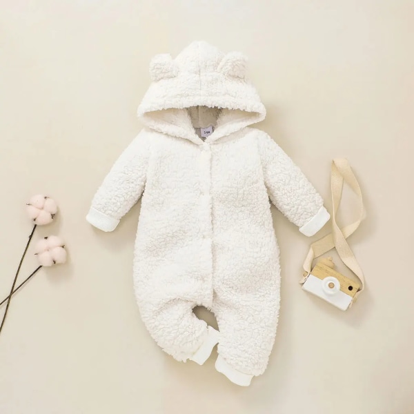Baby Solid förtjockad fleece 3D-öron Huva långärmad jumpsuit snödräkt Khaki 3-6Months