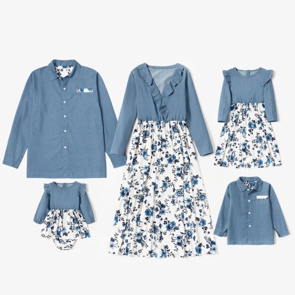 Nya vårens familjematchande jeansset Festklänning (blommiga volangklänningar med V-ringad-Skjortor med fast knapp framtill-byxor) Blue Women M