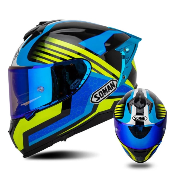 ECE DOT-godkänd Casco Motorcykelhjälmar Helansiktshjälm Dual Lens Capacete Moto Scooter Ridning Färgglatt visir för män kvinnor F3702BL L