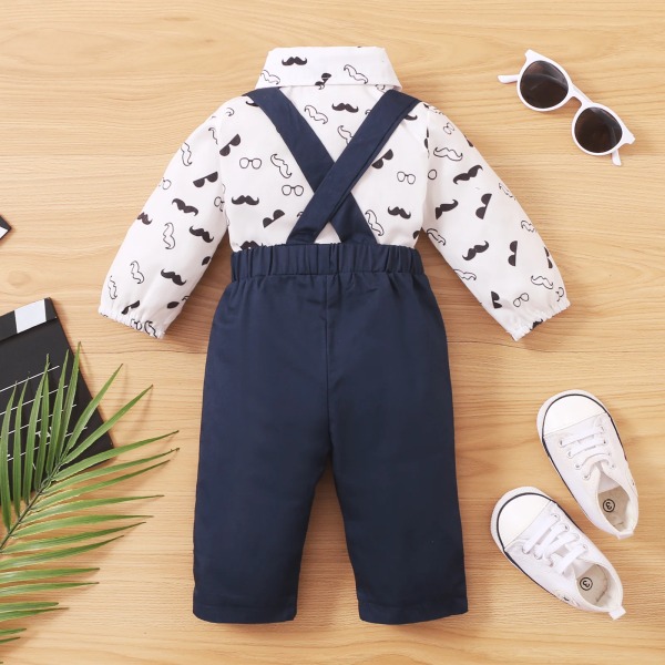 2st Baby Boy 95 % bomull Långärmad Gentleman Bowtie All Over Mustasch Print Romper and Solid Overall Set Navy 12-18 Months