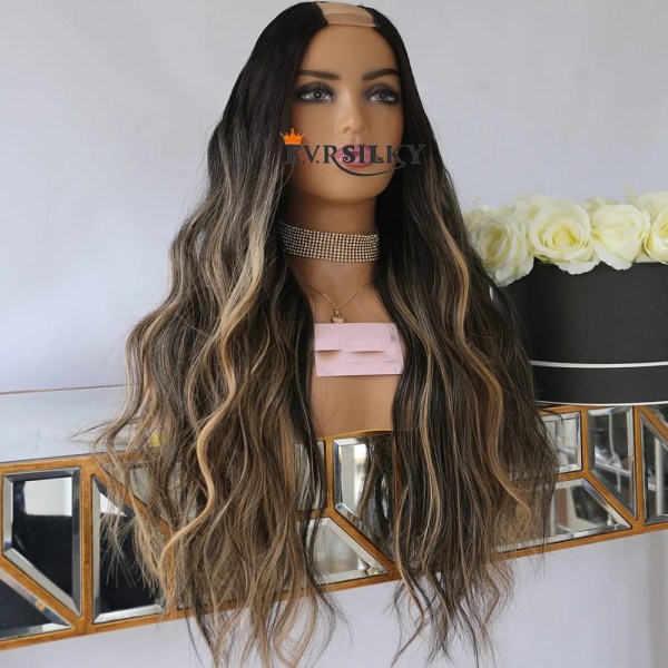 Höjdpunkter Blond Naturlig Vågig V-del Peruk Mellanöppen Ombre Body Wave 100% Människohår Peruk Brasiliansk U-form Full End Machine 130density 14inches