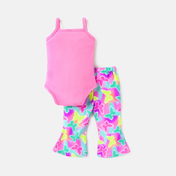 2st Baby Girl Bomullsknapp Design Camisole och Butterfly Print utsvängda byxor Set Pink 0-3Months