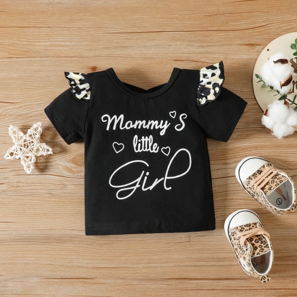 3st Baby Girl 95 % bomull Print volanger Brev Grafisk kortärmad t-shirt och shorts & set Black 12-18Months