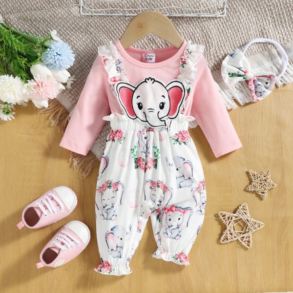 Kläder för baby flicka Jumpsuits Nyfödda bebisartiklar Overaller 95 % bomull Långärmad elefant grafisk set Pink 3-6 Months