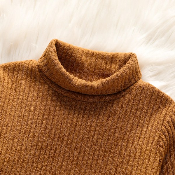 2 st Toddler i enfärgad ribbad turtleneck långärmad t-shirt och set Brown 4-5Years