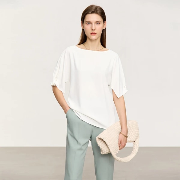 Minimalism Mode Kvinna Blus 2023 Sommar Ny Solid Lös Slash Neck Kvinnlig Chiffong Pullovers Skjortor & blusar 12342611 white M