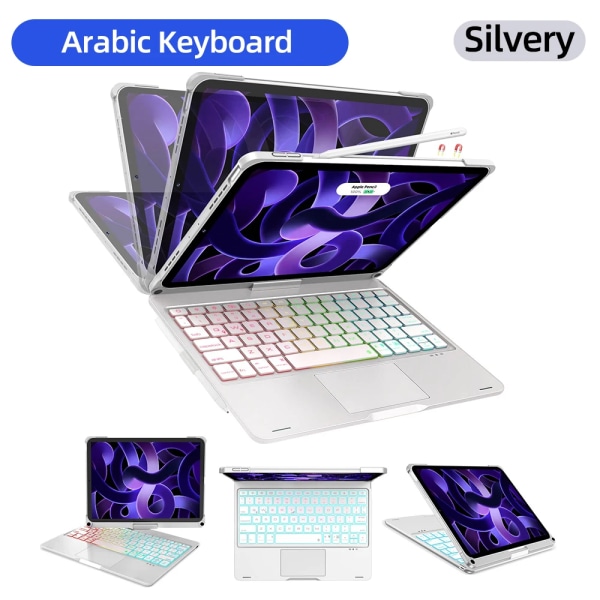För iPad 10.2 Magic Keyboard För iPad Pro 11 Air 5 4 10.9 Air 3 Pro 10.5 Case För mini 6 360° roterbart bakgrundsbelyst cover iPad Air 3 Pro 10.5 Silver Arabic