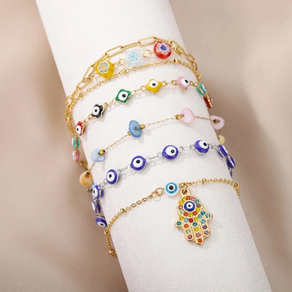 Evil Eye fotlänkar för kvinnor rostfritt stål Hamsa handlänk ben armband Boho smycken sommar strandtillbehör gåva HJ324P-2