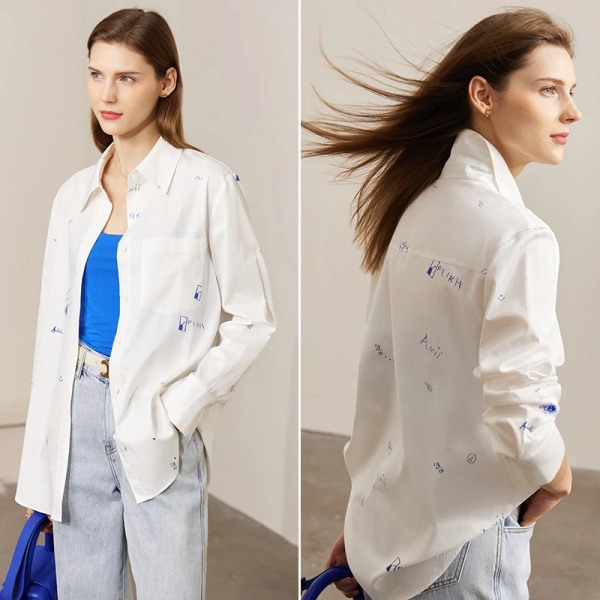 Minimalism 2023 Vårens nya vita skjortor & blusar Långärmad 100 % bomull Damskjorta Printed damkläder 12371067 white M