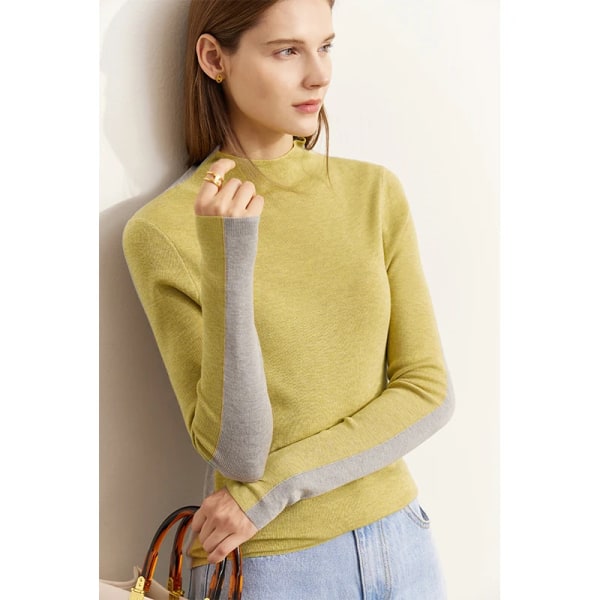 Minimalistisk tröja för kvinnor 2023 Skarvad Mock Neck Höst Nya Slim Bottom Tops Office Lady Helärmade Pullovers 12343349 perilla yellow XL