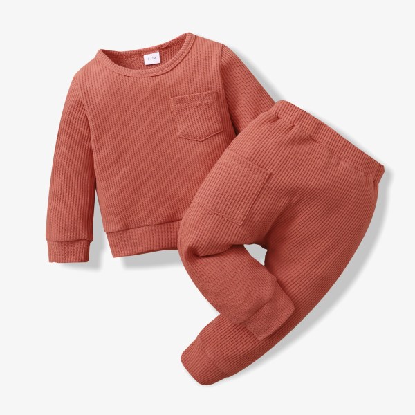 Baby 2st Bomullsvåffla Solid Långärmad Pullover Set Coral 12-18Months