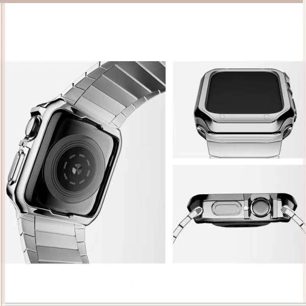 Metallrem + Mjuk TPU Case För Apple Watch 7 45mm 41mm 6 5 SE 44mm 40mm Rostfritt stål Watch Armband För iwatch 3 42mm 38mm Silver black For 41mm