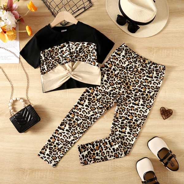 2st Kid Girl Leopard Print Twist Kortärmad T-shirt och byxor Set Caramel 5-6Years
