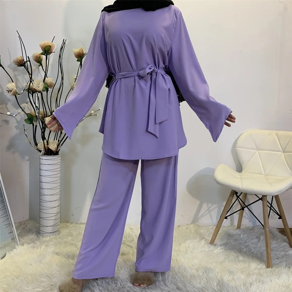 Eid Mubarak Kaftan Dubai Abaya Turkiet Muslimsk mode Hijab Klänning Sets Islam Kläder Abayas För Kvinnor Musulman Ensembles De Mode Purple L