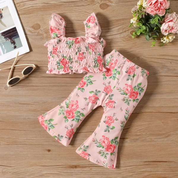 2st Baby Girl Allover blommigt print volang smock linne och utsvängda byxor Set Pink 6-9Months