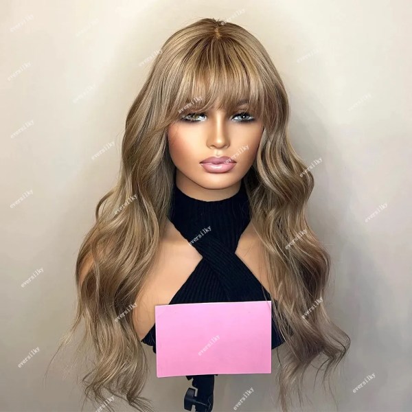 Bangs Peruk Helspets Highlight Peruk Ljusbrun Karamell Blond 13x6 HD Spets Front Peruk Ombre Loose Wave Remy Human Hair Fringe Peruker 13x4 lace front wig 12inches