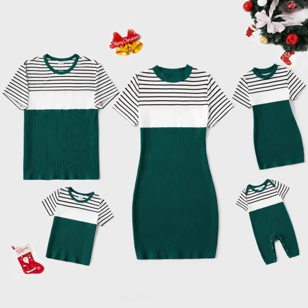 Familjematchande randiga färgblock skarvade ribbstickade kortärmade Bodycon klänningar och toppar set greenwhite MenXL